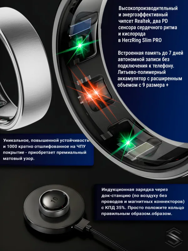 Тонкое Умное кольцо HerzRing Slim Pro c продвинутыми датчиками - матовое золото